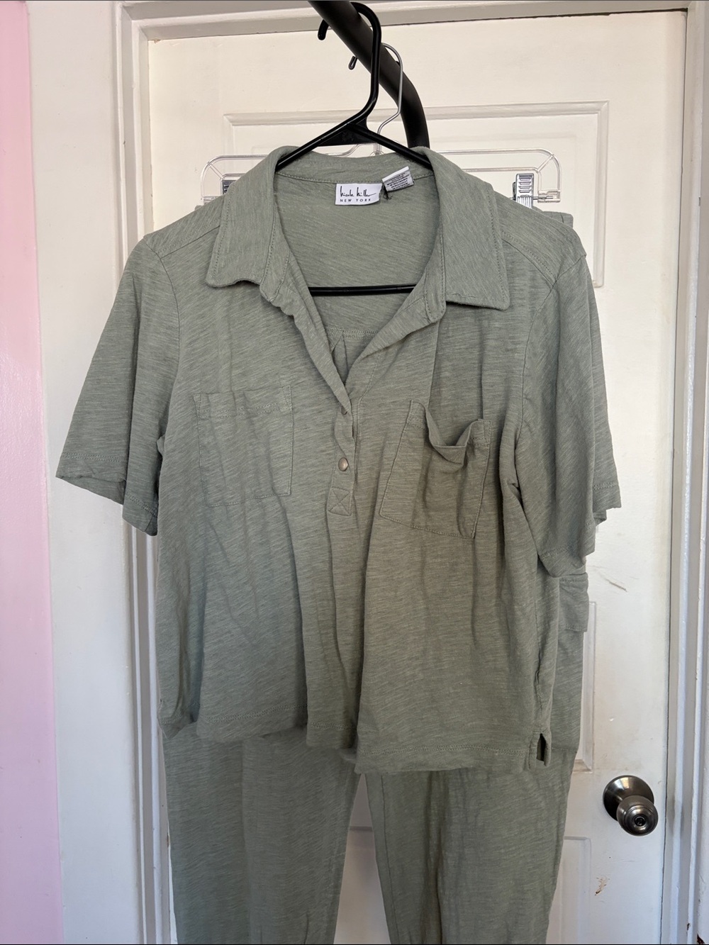 Nicole Miller Olive Green Two-Piece Lounge Set - Track Pants & Short Sleeve Top